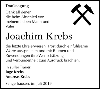 Traueranzeige von Joachim Krebs von Mitteldeutsche Zeitung Sangerhausen