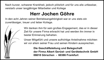Traueranzeige von Jochen Göhre von Super Sonntag Zeitz