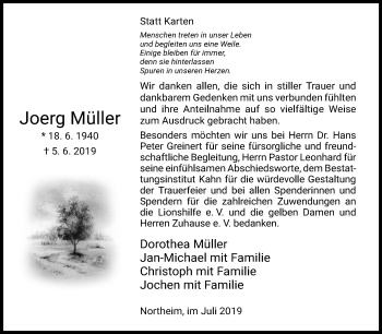 Traueranzeige von Joerg Müller von Mitteldeutsche Zeitung Sangerhausen