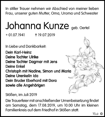 Traueranzeige von Johanna Kunze von Wochenspiegel Naumburg/Nebra