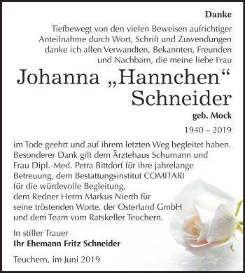 Traueranzeige von Johanna Schneider von Wochenspiegel Weißenfels