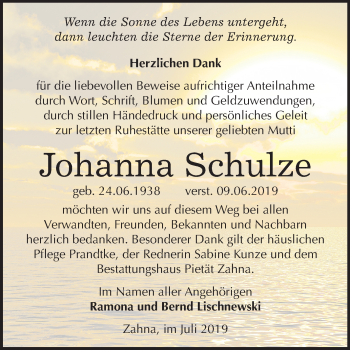 Traueranzeige von Johanna Schulze von Mitteldeutsche Zeitung Wittenberg