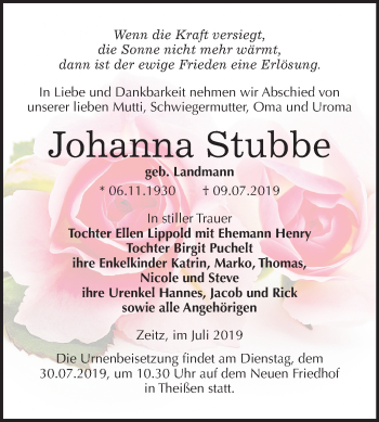 Traueranzeige von Johanna Stubbe von Mitteldeutsche Zeitung Zeitz