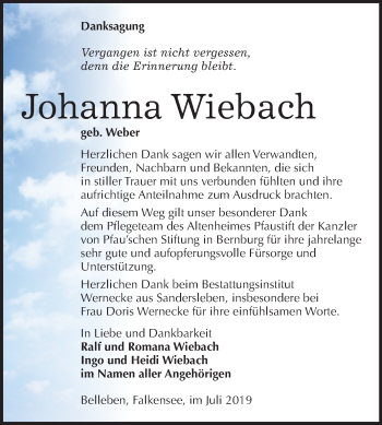 Traueranzeige von Johanna Wiebach von Mitteldeutsche Zeitung Bernburg