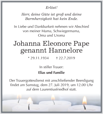 Traueranzeige von Johanna Eleonore Pape von Mitteldeutsche Zeitung Halle/Saalkreis
