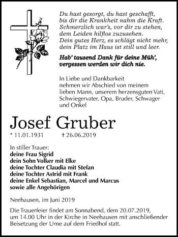 Traueranzeige von Josef Gruber von Wochenspiegel Mansfelder Land