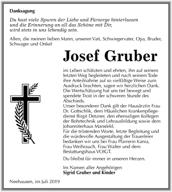 Traueranzeige von Josef Gruber von Mitteldeutsche Zeitung Mansfelder Land