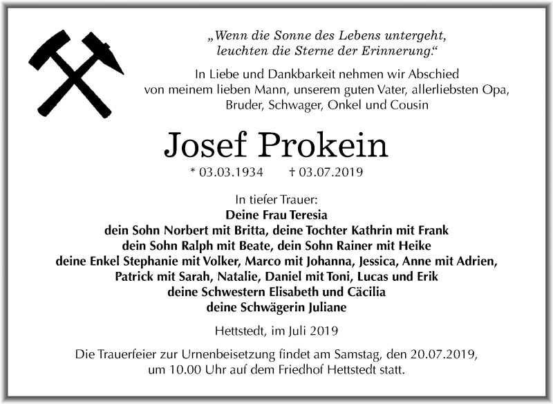  Traueranzeige für Josef Prokein vom 10.07.2019 aus Mitteldeutsche Zeitung Mansfelder Land