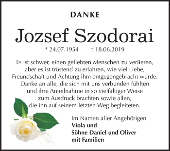 Traueranzeige von Jozsef Szodorai von Mitteldeutsche Zeitung Halle/Saalkreis