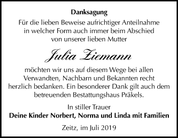 Traueranzeige von Julia Ziemann von Super Sonntag Zeitz