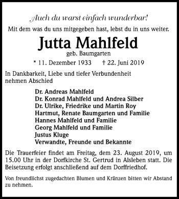 Traueranzeige von Jutta Mahlfeld von Mitteldeutsche Zeitung Bernburg