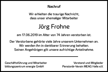 Traueranzeige von Jörg Frohne von Mitteldeutsche Zeitung Halle/Saalkreis