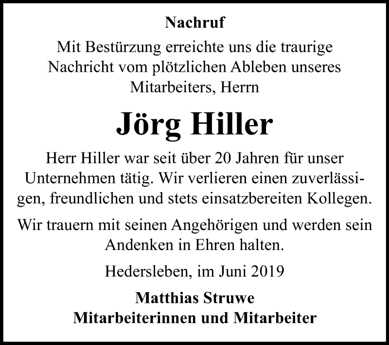  Traueranzeige für Jörg Hiller vom 06.07.2019 aus Super Sonntag Quedlinburg