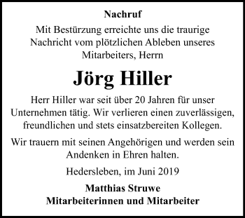 Traueranzeige von Jörg Hiller von Wochenspiegel Quedlinburg