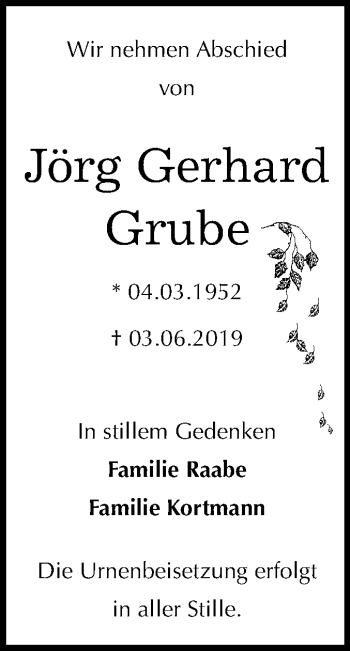 Traueranzeige von Jörg Gerhard Grube von Wochenspiegel Bitterfeld