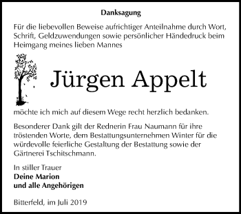 Traueranzeige von Jürgen Appelt von Wochenspiegel Bitterfeld