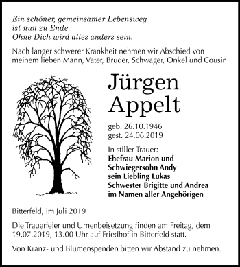 Traueranzeige von Jürgen Appelt von Wochenspiegel Bitterfeld