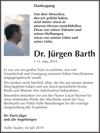 Traueranzeige von Jürgen Barth von Mitteldeutsche Zeitung Halle/Saalkreis