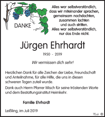 Traueranzeige von Jürgen Ehrhardt von Wochenspiegel Naumburg/Nebra
