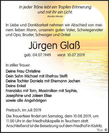 Traueranzeige von Jürgen Glaß von Wochenspiegel Weißenfels