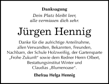 Traueranzeige von Jürgen Hennig von Mitteldeutsche Zeitung Bitterfeld
