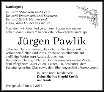 Traueranzeige von Jürgen Pawlik von Wochenspiegel Weißenfels