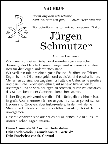 Traueranzeige von Jürgen Schmutzer von Super Sonntag Quedlinburg