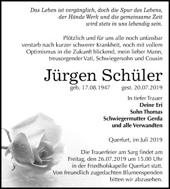 Traueranzeige von Jürgen Schüler von Mitteldeutsche Zeitung Merseburg/Querfurt