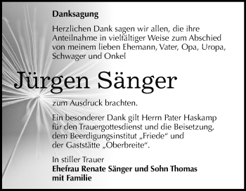 Traueranzeige von Jürgen Sänger von Mitteldeutsche Zeitung Dessau-Roßlau