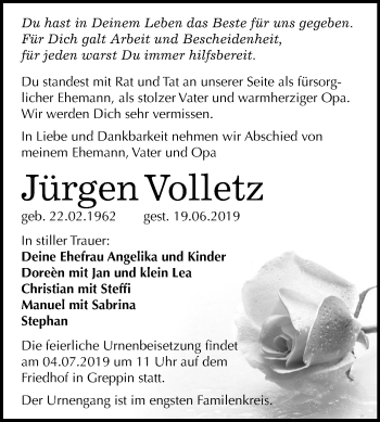 Traueranzeige von Jürgen Volletz von Wochenspiegel Bitterfeld