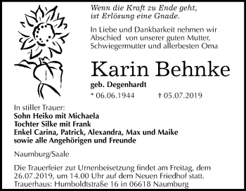 Traueranzeige von Karin Behnke von Wochenspiegel Naumburg/Nebra