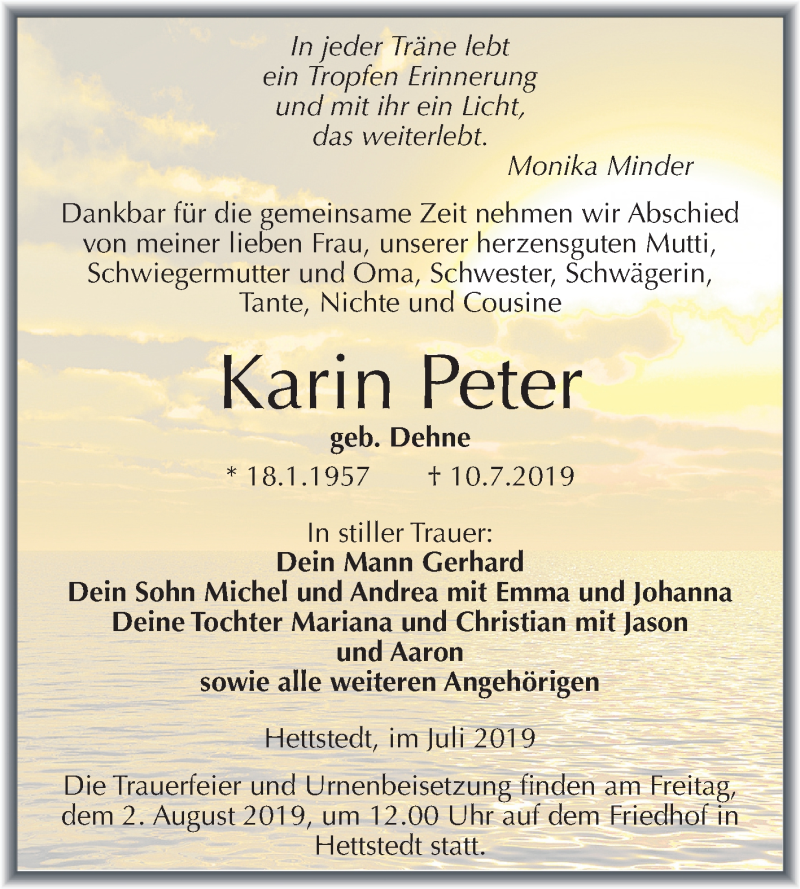  Traueranzeige für Karin Peter vom 17.07.2019 aus Mitteldeutsche Zeitung Mansfelder Land