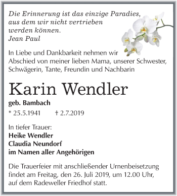 Traueranzeige von Karin Wendler von Mitteldeutsche Zeitung Halle/Saalkreis