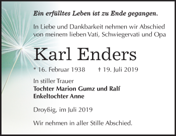 Traueranzeige von Karl Enders von Mitteldeutsche Zeitung Zeitz