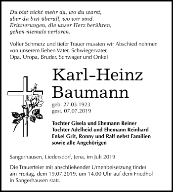 Traueranzeige von Karl-Heinz Baumann von Super Sonntag Sangerhausen