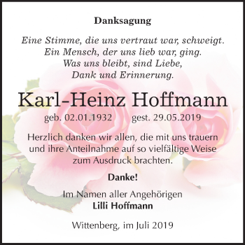 Traueranzeige von Karl-Heinz Hoffmann von Super Sonntag Wittenberg