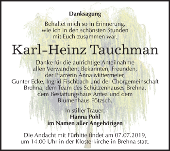 Traueranzeige von Karl-Heinz Tauchman von Mitteldeutsche Zeitung Bitterfeld