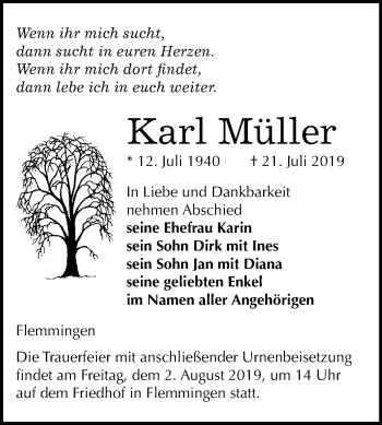 Traueranzeige von Karl Müller von Mitteldeutsche Zeitung Naumburg/Nebra