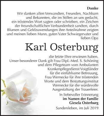 Traueranzeige von Karl Osterburg von Mitteldeutsche Zeitung Mansfelder Land