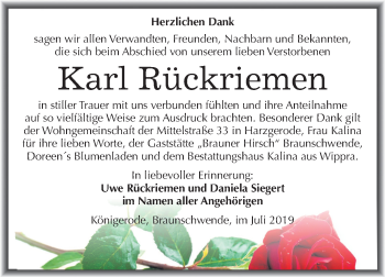 Traueranzeige von Karl Rückriemen von Super Sonntag Mansfelder Land / Quedlinburg