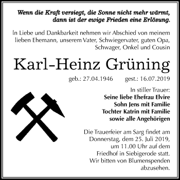 Traueranzeige von Karl Heinz Grüning von Mitteldeutsche Zeitung Mansfelder Land
