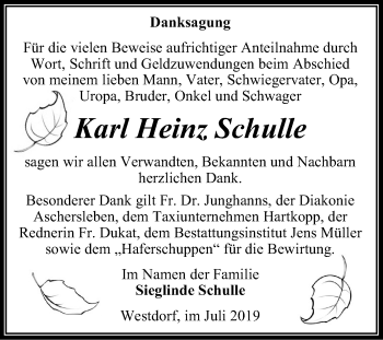 Traueranzeige von Karl Heinz Schulle von Mitteldeutsche Zeitung Aschersleben