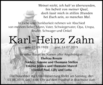 Traueranzeige von Karl Heinz Zahn von Mitteldeutsche Zeitung Halle/Saalkreis