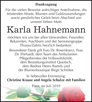 Traueranzeige von Karla Hahnemann von Mitteldeutsche Zeitung Köthen