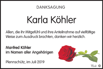 Traueranzeige von Karla Köhler von Mitteldeutsche Zeitung Weißenfels