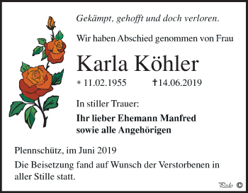 Traueranzeige von Karla Köhler von Mitteldeutsche Zeitung Weißenfels