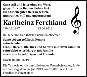 Traueranzeige von Karlheinz Ferchland von Wochenspiegel Aschersleben