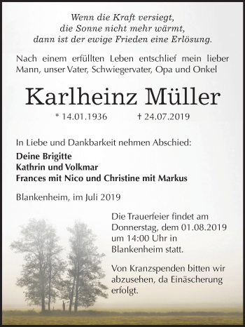 Traueranzeige von Karlheinz Müller von Wochenspiegel Sangerhausen
