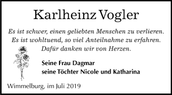 Traueranzeige von Karlheinz Vogler von Mitteldeutsche Zeitung Mansfelder Land