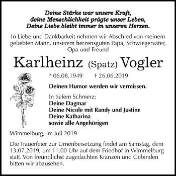 Traueranzeige von Karlheinz Vogler von Super Sonntag Mansfelder Land
